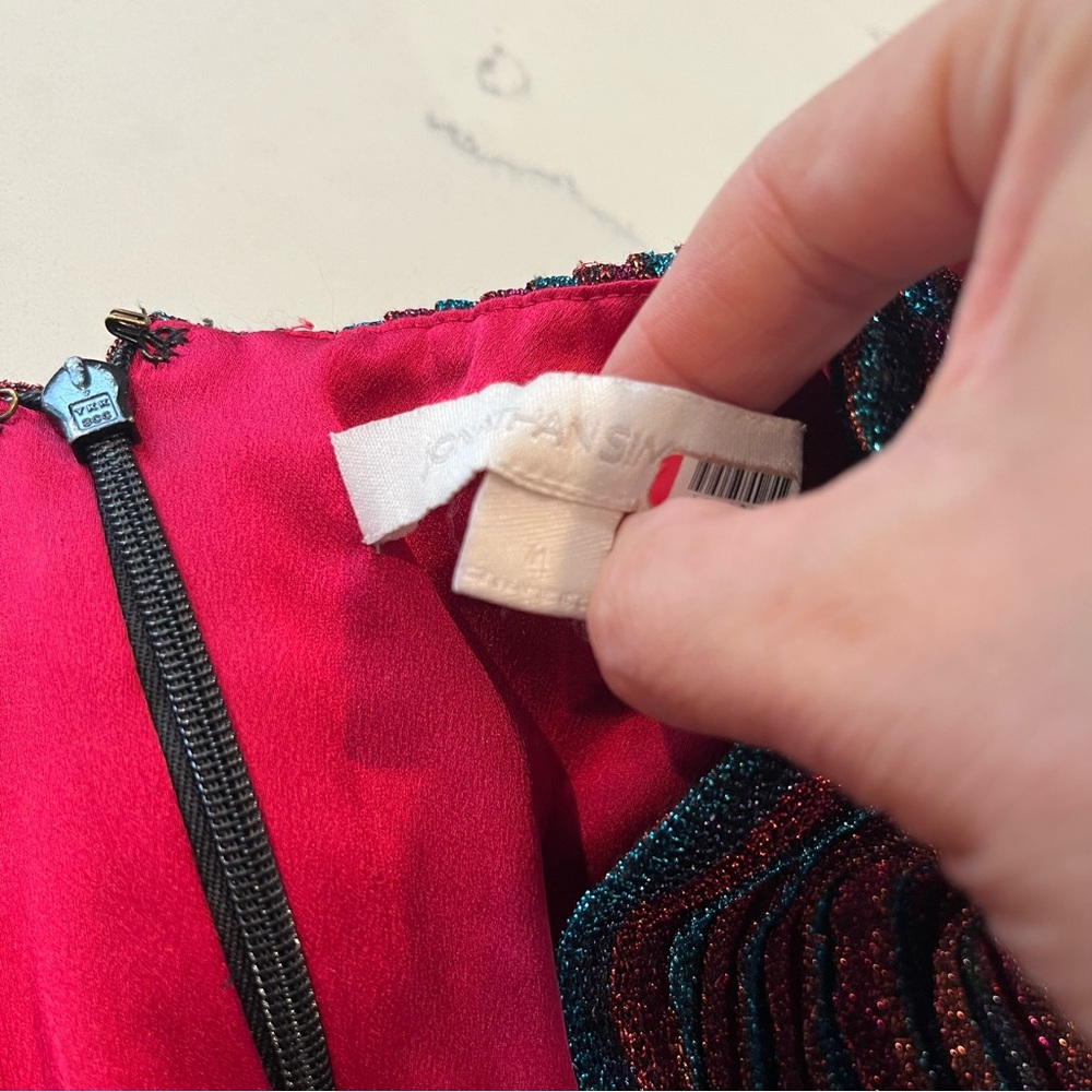 2741 Jonathan Simkhai Rainbow Metallic Pleated Long Sleeve V-Neck Party Gown 4 - Picture 2 of 9